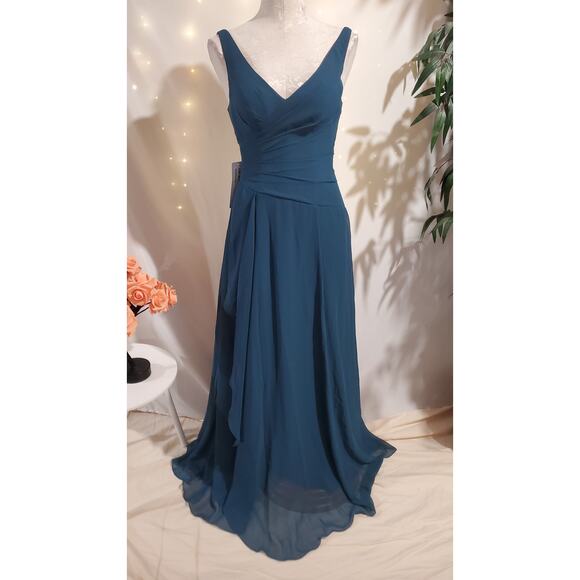 Azazie NWT Womens Kori Chiffon V-Neck Sleeveless Dress Size A2 Neptune Blue - Picture 1 of 16